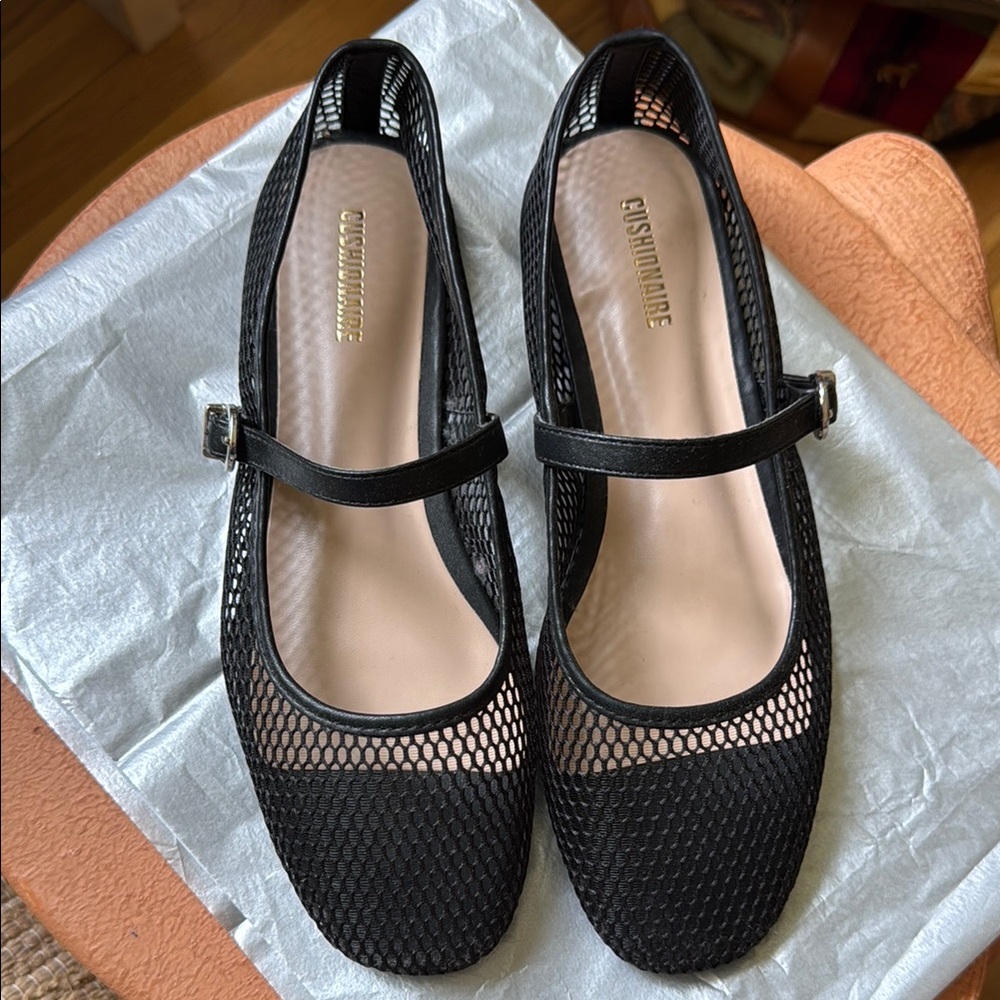 Black Mesh Mary Jane Flats with Strap